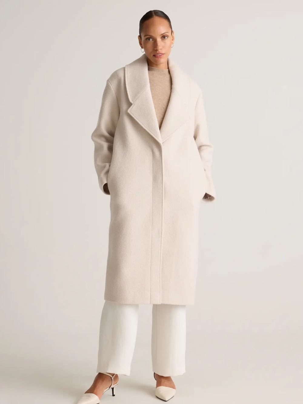 Quince 100% Merino Wool Shawl Collar Long Coat in Bone